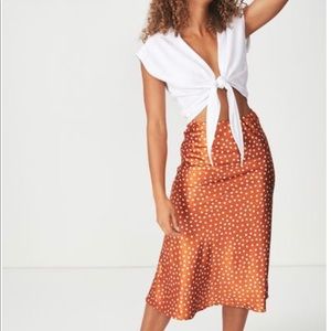 Cotton on copper polka dot midi skirt
